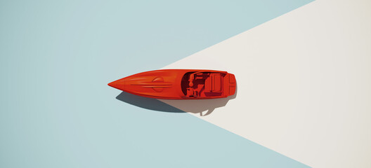 Obraz premium Minimal composition for adventure and summer concept. Top view of red speedboat on blue background. 3d rendering illustration.