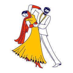 Young Couple Dancing Waltz or Tango. People Active Lifestyle, Man and Woman Dancers Partners Characters Spend Time Together. Dance Leisure, Sparetime, Performance or Hobby. Linear Vector Illustration