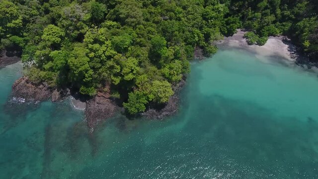 Overhead Strafe Flying Aerial View of Cavada Island Water Edge with Dense Jungle Trees and Rock Cliff Shore

