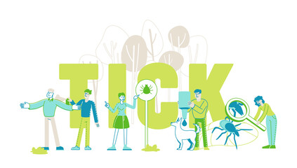 Encephalitis Mite, Tick Bite Protection Concept. Characters Search Dangerous Insect Hid on Plant, People Spraying Repellent on Skin and Dog Outdoor Poster Banner Flyer. Cartoon Vector Illustration
