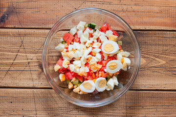 Step by step preparation of salad with salted salmon, fresh cucumbers and herbs, step 4 - adding...