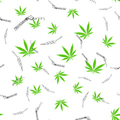 cannabis marijuana green leaves, cute doodle hand drawn ink drawing jambs smoking pipes seamless pattern for printing on textile, plastic phone cases gift paper packaging for medical herbs