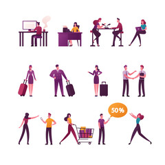Set of Male Female Characters Working on Computers in Office, Men and Women on Radio Broadcasting, Pilot and Air Hostess, People Shopping Sale Isolated on White Background. Cartoon Vector Illustration