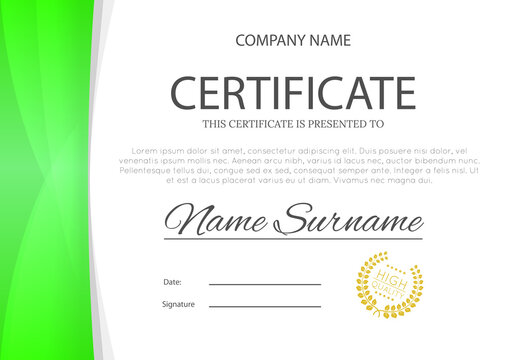 Modern green color certificate or diploma A4 horisontal template design vector illustration mock-up. EPS 10