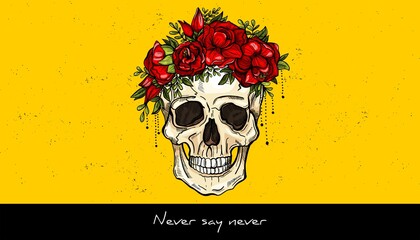 Human skull and wreath of flowers sketch tattoo design. Hand drawn vector illustration