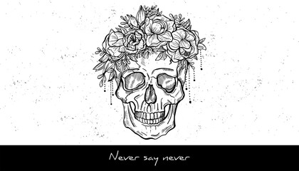 Human skull and wreath of flowers sketch tattoo design. Hand drawn vector illustration