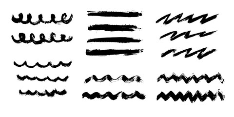 Vector set of freehand brush strokes. Abstract black doodle elements, isolated on white background. Ink splashes with grunge texture