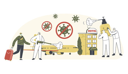 Hotel and Airplane Disinfection. Characters in Hazmat Suits Clean and Disinfecting Coronavirus Cells Spraying Disinfectant on Plane during Worldwide Covid19 Pandemic. Linear People Vector Illustration