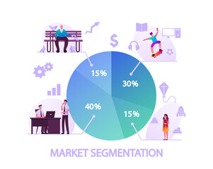 Market Segmentation Concept. People and Businessmen Characters Groups. Target Audience, Customer Care, Buyers Relationship Management. Selective Focus Infographics. Cartoon People Vector Illustration