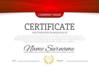 Fototapeta premium Modern red color certificate or diploma A4 horisontal template design vector illustration mock-up. EPS 10