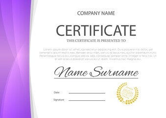 Obraz premium Modern pink or purple violet color certificate or diploma A4 horisontal template design vector illustration mock-up. EPS 10