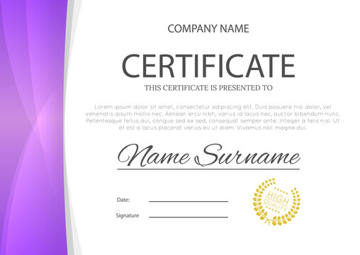 Modern pink or purple violet color certificate or diploma A4 horisontal template design vector illustration mock-up. EPS 10