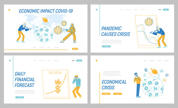 Coronavirus Outbreak, Global Economy Crisis Concept for Landing Page Template Set. Upset Business Characters and Stock Market Chart Fall, Covid19 Impact on Investment Price. Linear Vector Illustration