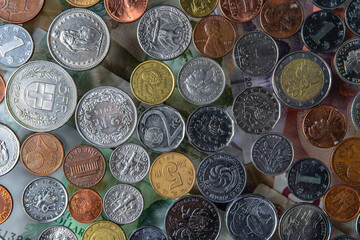 many coins dollar euro ruble yuan franc yen pound zloty rupee crowns