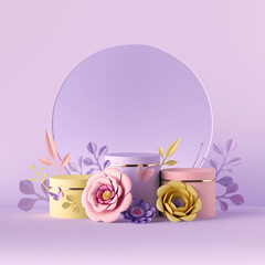 3d render abstract violet botanical background. Blank poster mockup. Round frame with pastel colorful paper flowers, floral arch. Shop product display showcase stand, empty podium, vacant pedestal