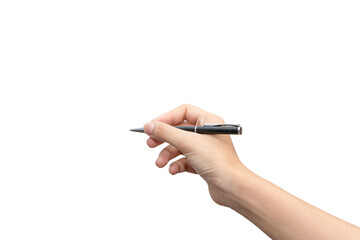 Close up women's hand holding pen and writing on virtual screen isolated on white background. Copy...