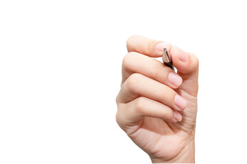 Close up women's hand holding pen and writing on virtual screen isolated on white background. Copy space for text