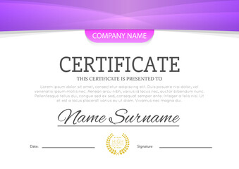 Modern pink or purple violet color certificate or diploma A4 horisontal template design vector illustration mock-up. EPS 10