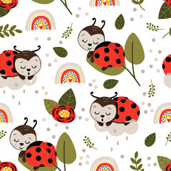 seamless pattern with cute ladybug on a cloud - vector illustration, eps