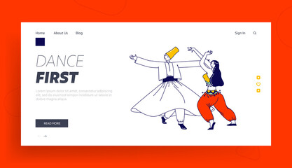 Arabic Dance Landing Page Template. Whirling Dervish in Traditional Outfit and Girls in Arab Dress Dancing with Raising Hands. Characters Moving Body, Muslim Artist. Linear People Vector Illustration