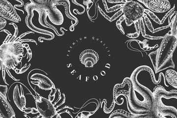 Seafood design template. Hand drawn vector seafood illustration on chalk board. Engraved style food banner. Vintage sea animals background