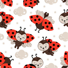 seamless pattern with cute ladybug on white background - vector illustration, eps