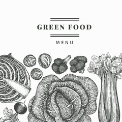 Hand drawn sketch vegetables design. Organic fresh food vector banner template. Vintage vegetable background. Engraved style botanical illustrations.