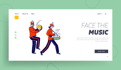 March Parade or Public Event Landing Page Template. Military Orchestra Characters Wear Festive Red Uniform Playing Orchestral Brass Plates and Drum Instruments. Linear People Vector Illustration