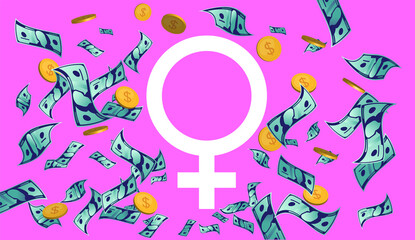 Female gender symbol and money - Woman sign on pink background with lots of paper bills and coins flying around. Wealth, rich, great income and girl power concept. Vector illustration.