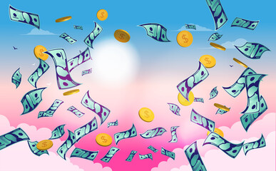 Money falling from the sky - Dollar bills and coins blowing in the wind with clouds and sun in background. Pennies from heaven, easy money, wealth and rich concept. Vector illustration. 