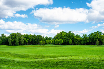 Empty golf course with trees in the background and blue sky with clouds..