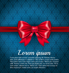 Big red ribbon bow on the rich classic blue pattern background with place for your text. VIP Luxury red card template design with ornate background and beautiful silc bow. Vector illustration