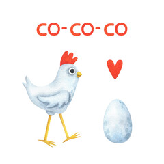 Funny white chicken with long legs. Set of watercolor illustrations with a bird, egg, heart and inscription. Stock image of cute stickers isolated on a white background.