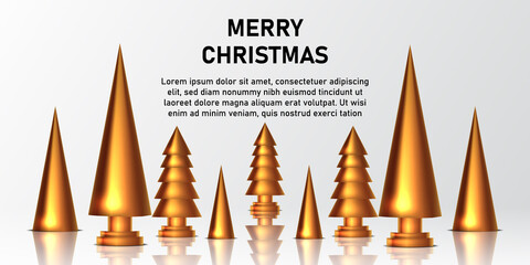 golden decoration and accessories of pine christmas tree and golden cone for greeting card and poster banner template