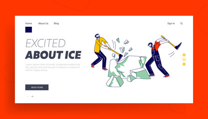 Ice Mining Landing Page Template. Characters Breaking Huge Ice Block Use Pickaxes for Distribution to Restaurants and Stores, Cooking Cocktails in Bar or Nightclub. Linear People Vector Illustration