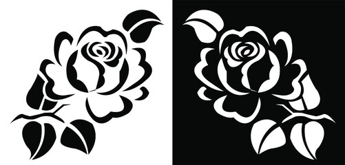 Rose flower with leaves - Indian Traditional and Cultural Scroll saw or Embossing vector line art with black and white background