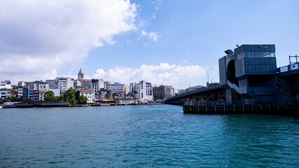 Naklejka premium istanbul eminonu and galata bridge from ship view