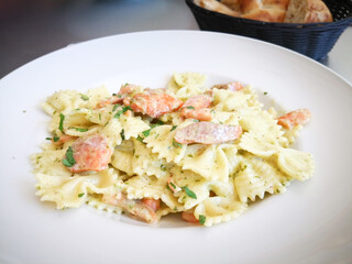 tasty pasta with salmon on a the table