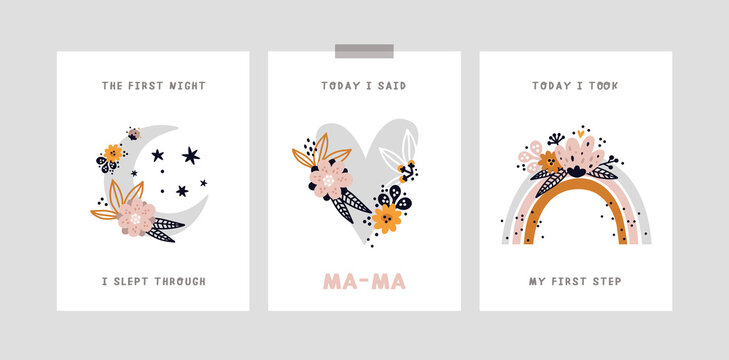 Baby milestone cards with cartoon characters for newborn girl or boy. Baby shower print capturing all the special moments. Baby month anniversary card. Nursery prints