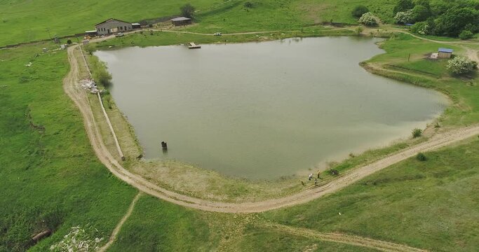 The flight of the camera from a bird's flight over a green pond in which the rays of the sun are reflected