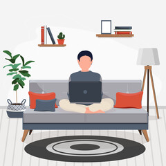 Man sitting and working online at home illustration. Social distancing and self-isolation during coronavirus quarantine. Self-quarantine concept. Person working on laptop. Vector stock illustration