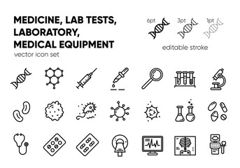 Medicine, laboratory, lab tests & healthcare, medical equipment vector outline icons. Medical science, microbiology, immune system and genetics analysis. Editable stroke.