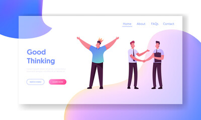 Human Needs, Successful Leader Victory, Business Meeting Landing Page Template. Happy Man in Crown on Head Rejoice with Hands Up. Businessmen Characters Handshake. Cartoon People Vector Illustration