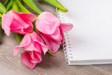 tender pink tulips on wooden table, birthday wedding or valentine background