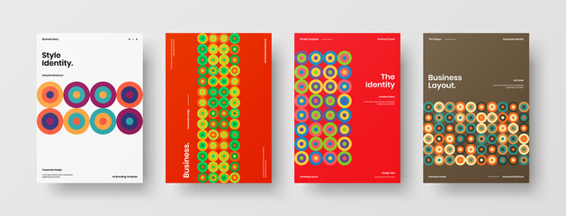 Fototapeta premium Company identity brochure template collection. Business presentation vector A4 vertical orientation front page mock up set. Corporate report cover abstract geometric illustration design layout bundle.