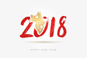 Chinese Calligraphy 2018 Red brush numbers with golden Chinese zodiac symbol Dog silhouette. Chinese Happy New Year of the Dog 2018. Lunar New Year spring. Vector stock illustration. EPS 10