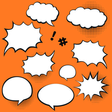 collection of comic speech bubbles vector. different shapes abstract icon flat blank cartoon empty text box clouds. orange comic message balloon template.