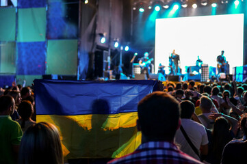 Cheerful crowd cheering. Hands up. Silhouette, night, evening event