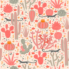 Seamless pattern with cacti and lizards. Vector graphics.