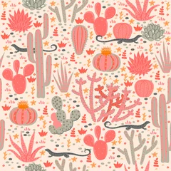 Meubelstickers Seamless pattern with cacti and lizards. Vector graphics. © Екатерина Зирина